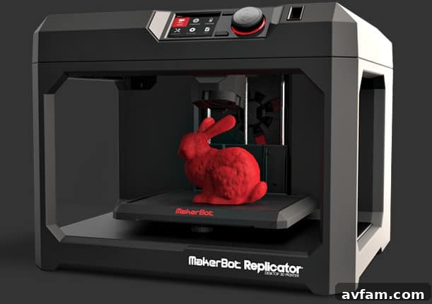 Close-up view of a MakerBot Replicator 3D printer on display at Home Depot, highlighting its advanced features