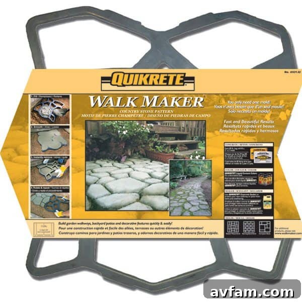 Close-up of the Quikrete Walk Maker mold form, highlighting various distinct stone paver patterns