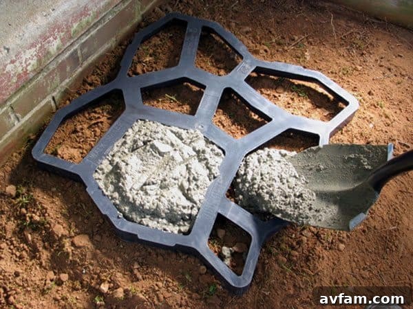 Step-by-step image showing how to fill the Quikrete Walk Maker mold cavities with concrete