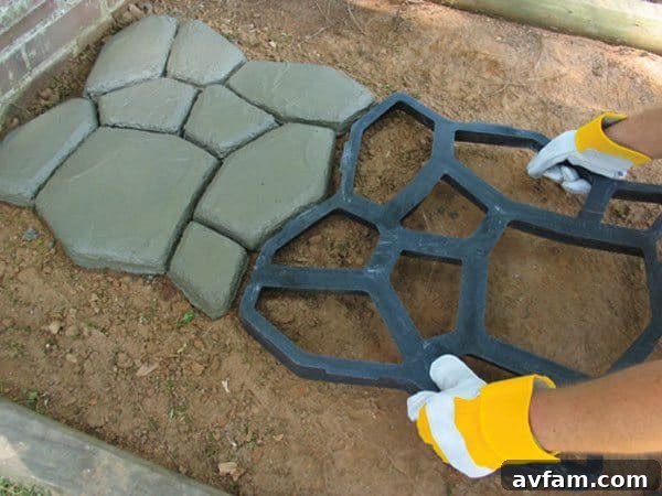 Visual guide on how to rotate the Quikrete Walk Maker mold for a varied, natural paver pattern