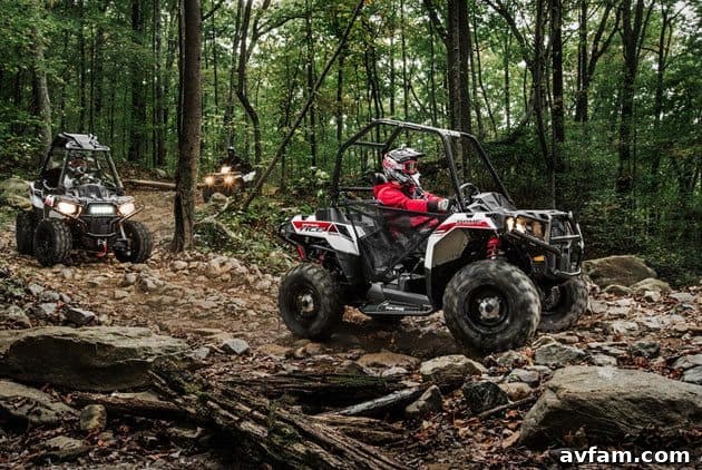 polaris-ace-woods - The Polaris ACE navigating a wooded trail, showcasing its compact size and agility for solo off-road adventures.