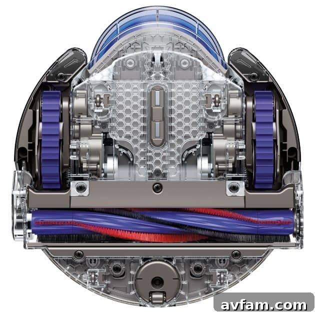 Underside view of the Dyson 360 Eye Robot Vacuum showing tracks and brush bar