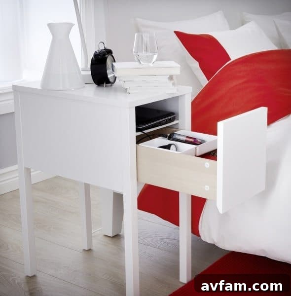 IKEA Nordli nightstand, perfect for discreet gadget storage and a clutter-free bedroom