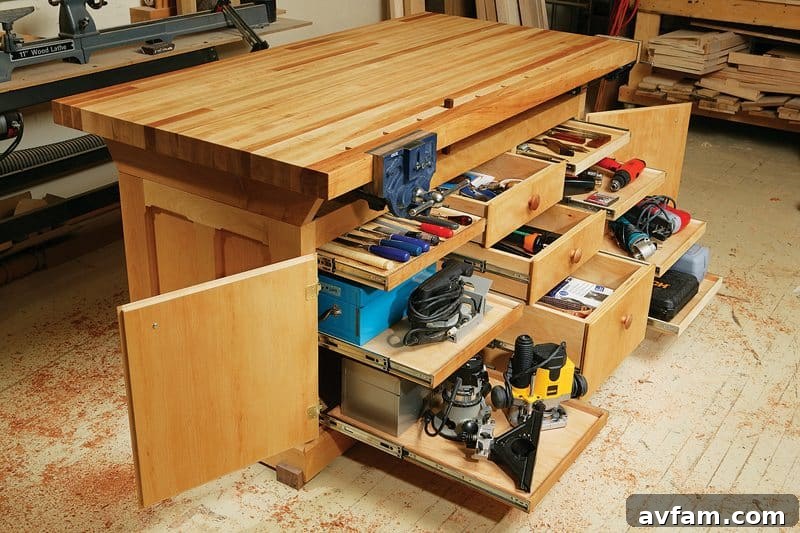 Sturdy woodworking workbench with thick top and vises