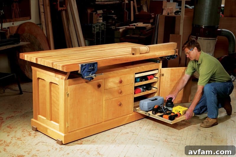 Detailed view of a sturdy workbench with bench dogs and woodworking vises