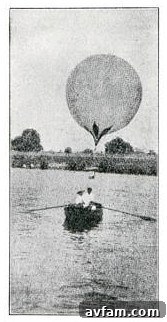 Close-up historical diagram illustrating the mechanism of a camera attached to a captive balloon for aerial photography, highlighting the technical setup.