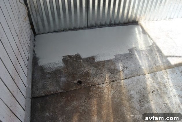 Close-up of the resurfacer application in progress on a concrete patio, showing even coat