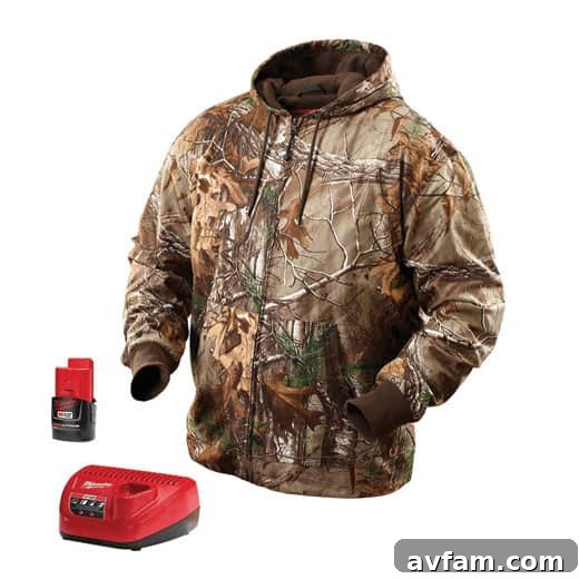 Close-up of Milwaukee M12 Heated Camo Hoodie with Control Close-up of Milwaukee M12 Heated Camo Hoodie with Control
