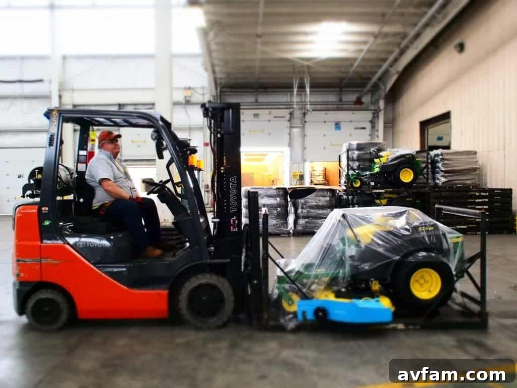 Demonstrating superior maneuverability of John Deere zero-turn mowers John Deere EZTrak in a tight turning radius test