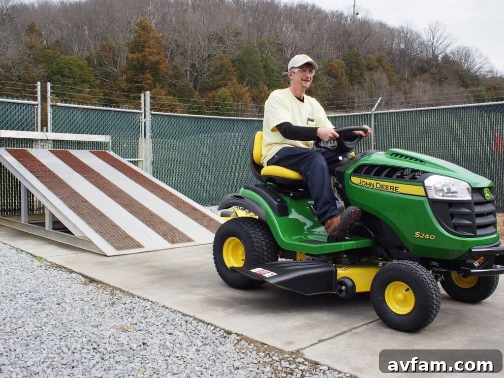 Simulating tough usage scenarios for John Deere zero-turn mowers John Deere EZTrak in a durability obstacle course