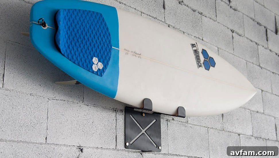 DIY Surfboard Rack DIY Surfboard Rack in a garage holding multiple surfboards