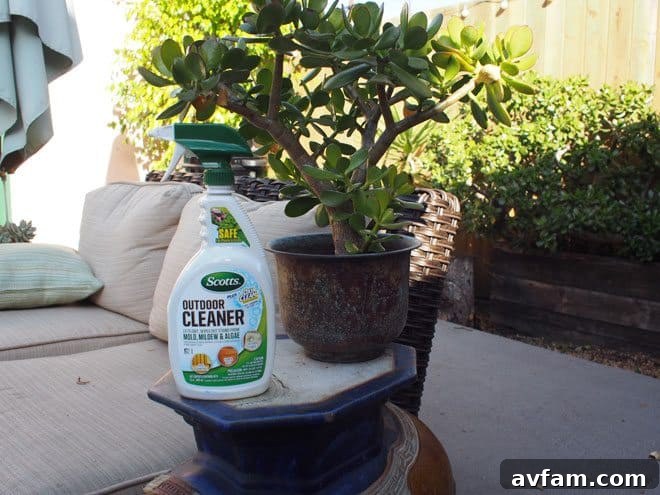 Scotts Outdoor Cleaner Plus OxiClean transforming a dirty patio chair into a clean outdoor oasis