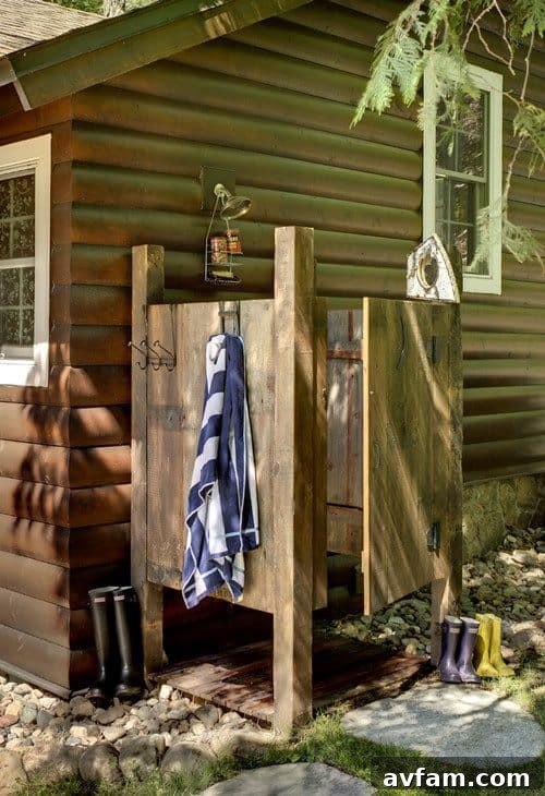 Simple and elegant outdoor shower against a white wall