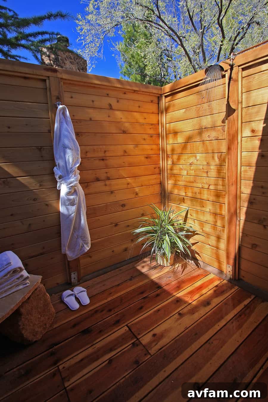 Rustic outdoor shower with stone wall and wooden door