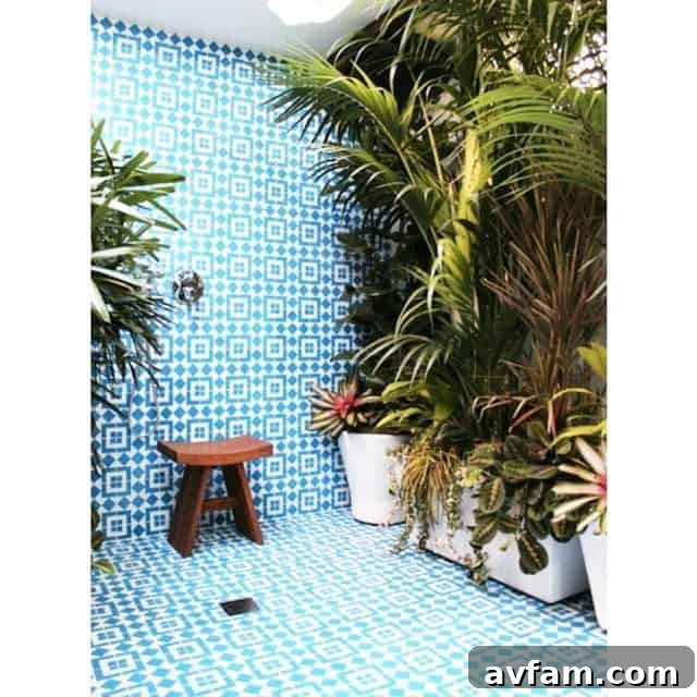 Outdoor shower with vertical wood slats and a spacious design