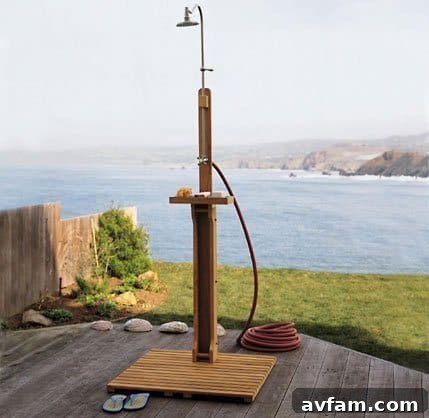 Outdoor shower with rustic wood paneling and simple design