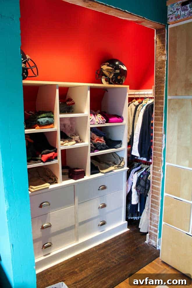 Kids' newly organized closet with custom built-in shelves and hanging bars, featuring neat storage solutions.
