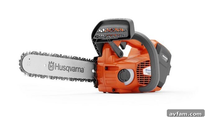 Husqvarna battery-powered landscaping tools displayed