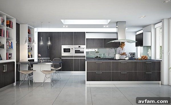 Modern kitchen with island and seating, a perfect example of a super kitchen.