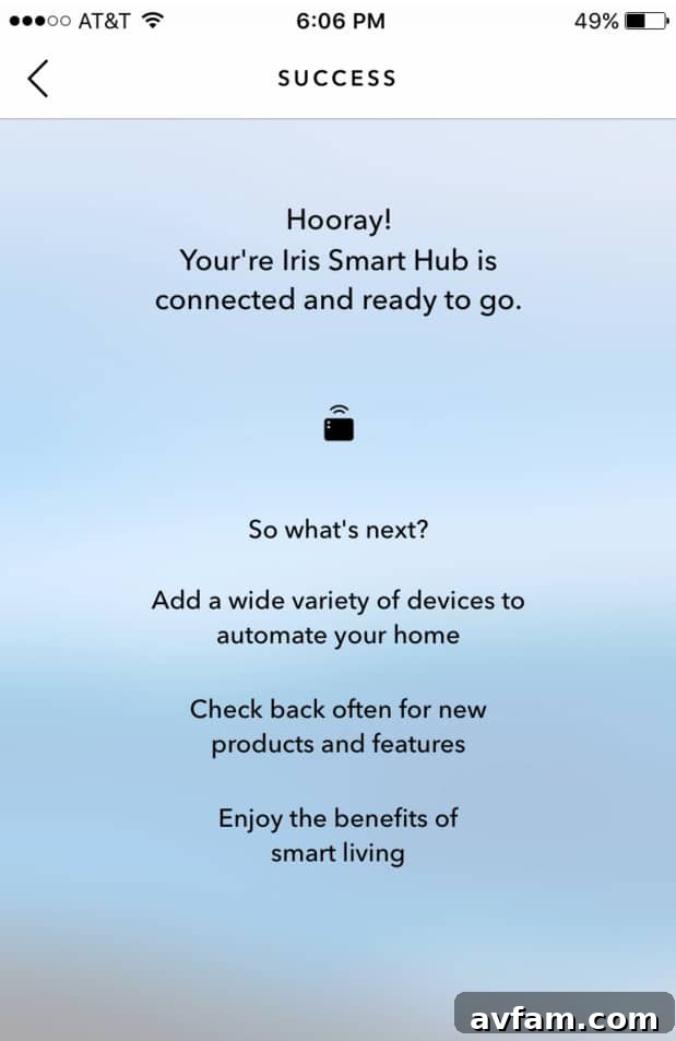 Iris Hub installation guide, showing four easy steps to connect to your home network.