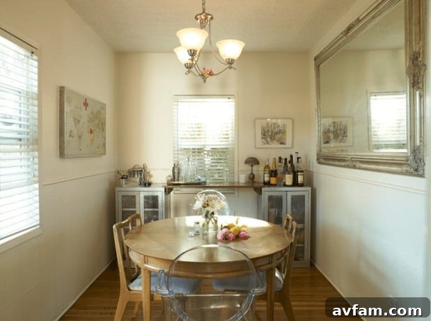 Dining room interior with smart home security considerations highlighted.