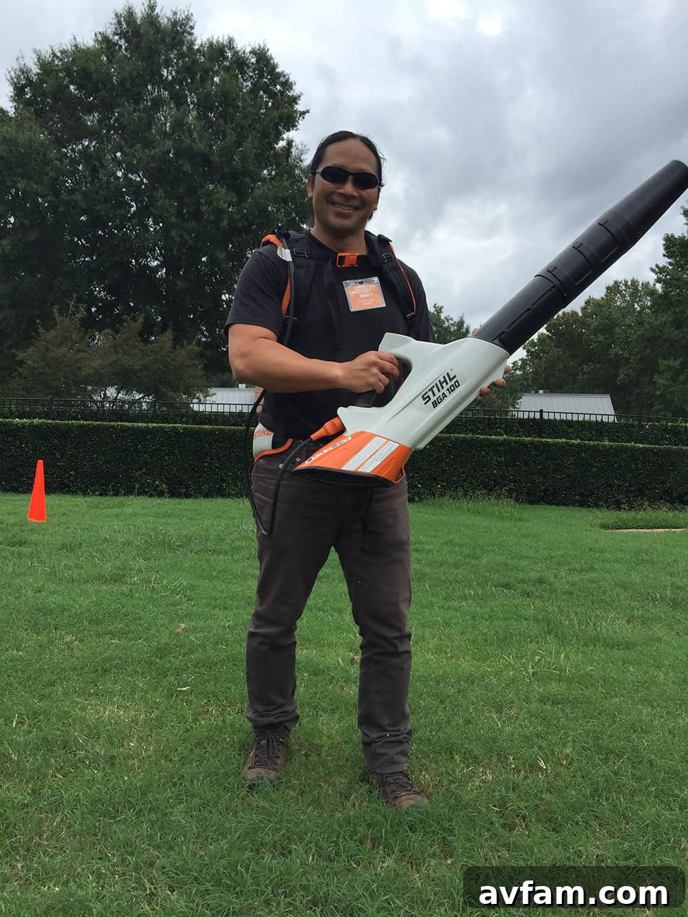 A Stihl product expert demonstrating a cordless tool