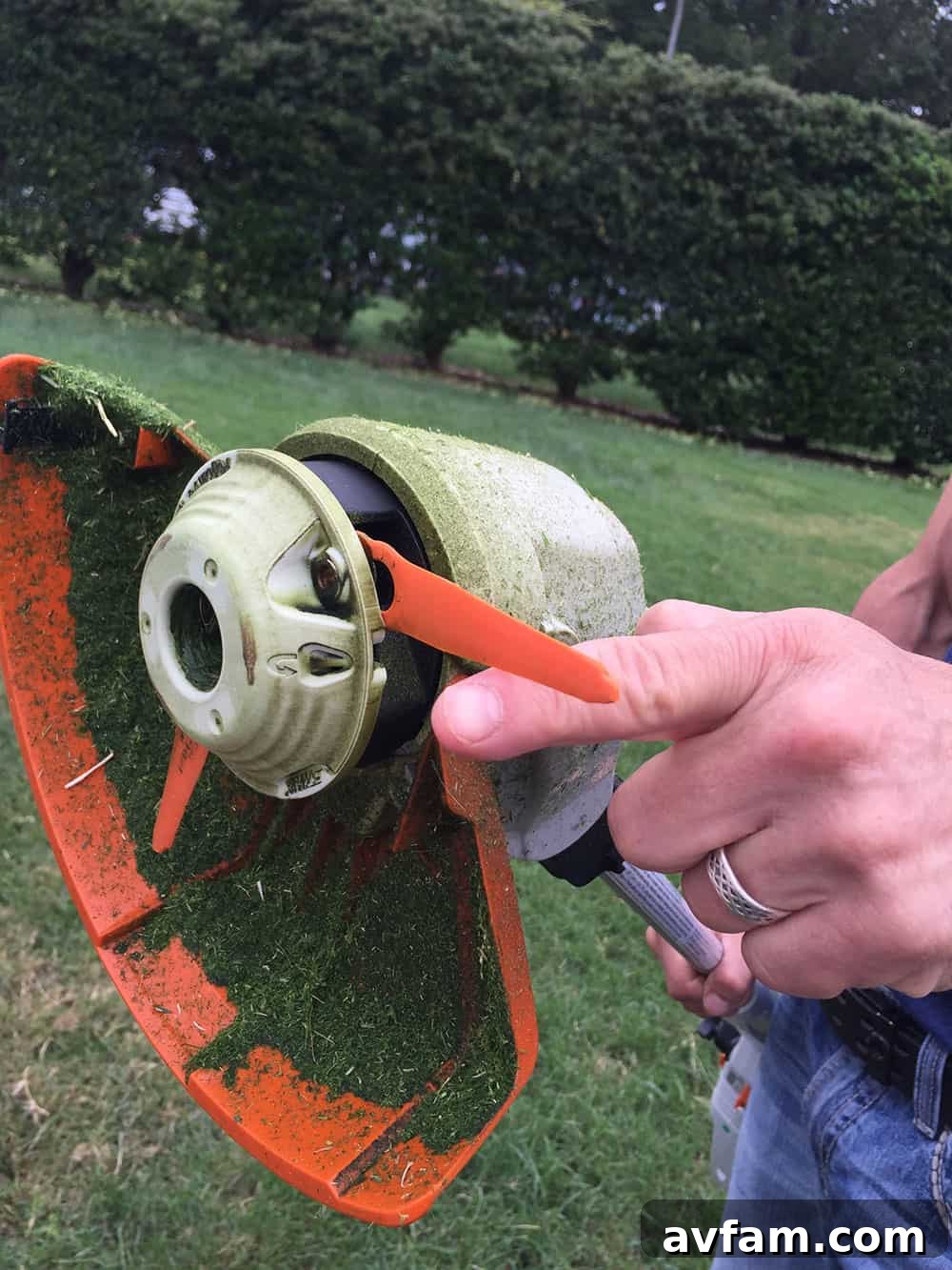 Detail view of a Stihl cordless string trimmer