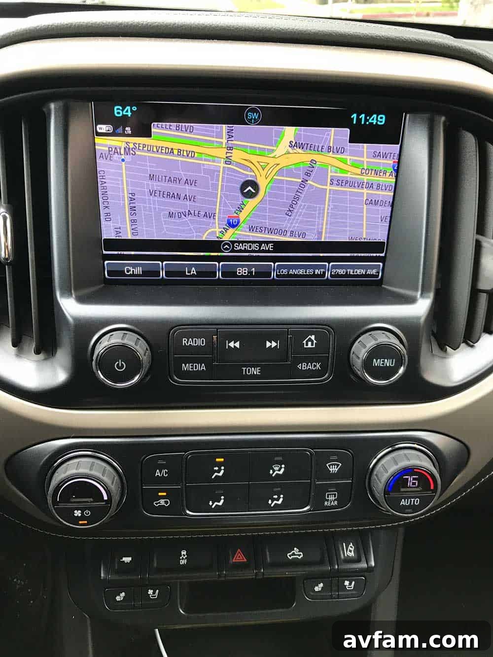 Denali Dashboard Details Detailed shot of the GMC Canyon Denali's control panel and premium finishes