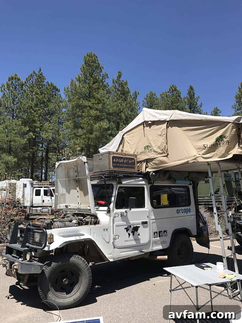 A modern grey Ford F-Series Super Duty truck, heavily modified for overlanding, with a large camper and extensive equipment.