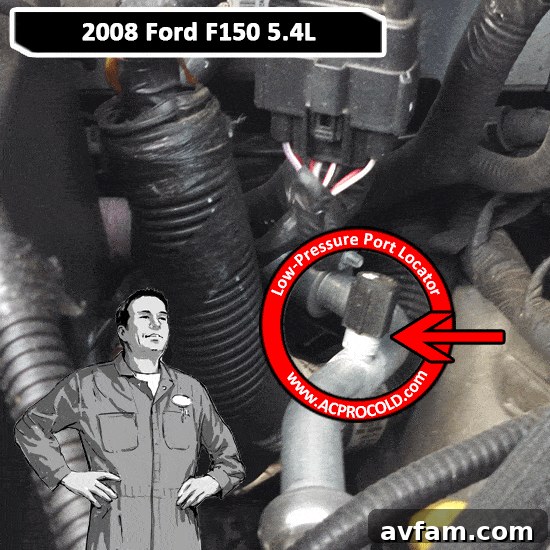 Using the Port Finder tool A/C Pro Port Finder results showing location of the low-pressure port.
