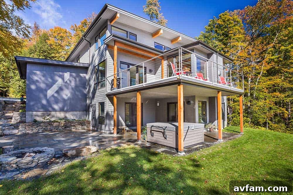 Mad River Modern exterior from a distance, showcasing its integration with the environment