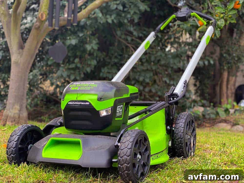 Greenworks battery-powered lawn mower for eco-friendly garden maintenance