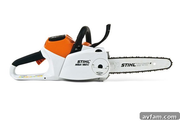 STIHL MSA 160 C in Use User operating STIHL MSA 160 C cordless chainsaw for tree pruning