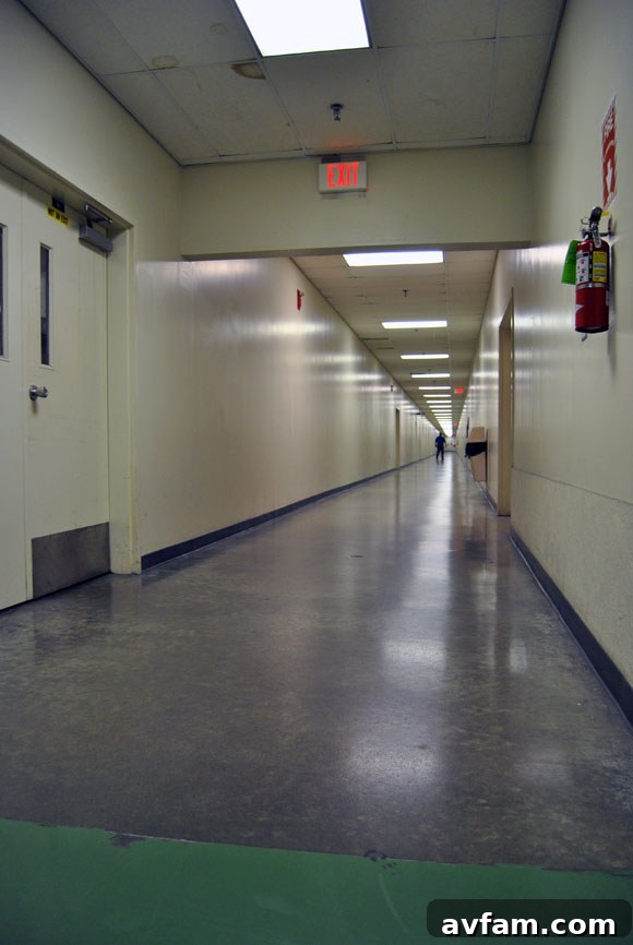 A long hall or corridor within the Clopay factory.