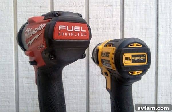 Modern brushless power tools from leading brands like Milwaukee and DeWalt