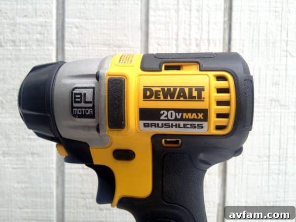 Close-up of a DeWalt brushless power tool, highlighting its advanced design