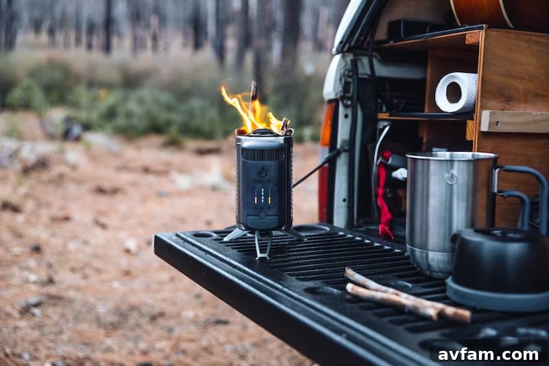 BioLite CampStove 2 Bundle BioLite CampStove 2 Bundle in an outdoor setting, demonstrating its cooking and charging capabilities