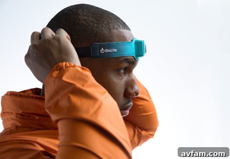 BioLite HeadLamp 200 BioLite HeadLamp 200 illuminating a dark environment, highlighting its compact design