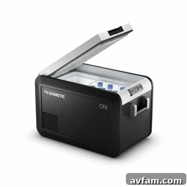 Dometic CFX3 Portable Cooler Dometic CFX3 portable powered cooler, highlighting its robust design and functionality