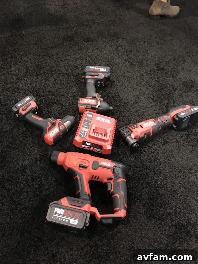 Close-up of a new Metabo HPT cordless tool on display at the trade show, highlighting its features