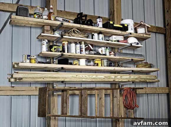 Rockler wood rack system installed in a workshop, fully organized