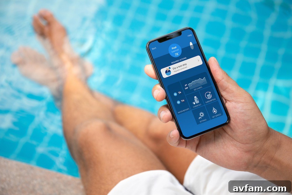 pHin mobile app interface showing real-time pool chemical levels