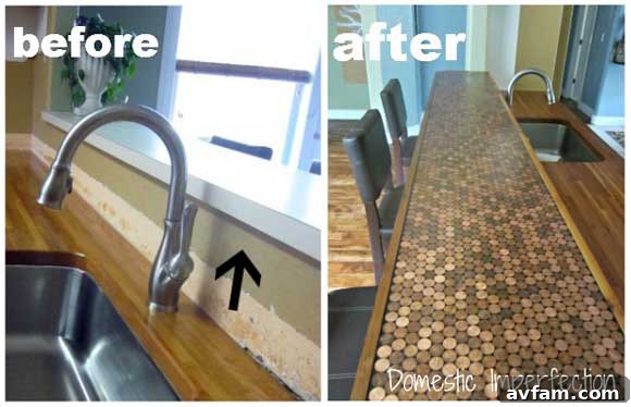 Before and After penny countertop transformation