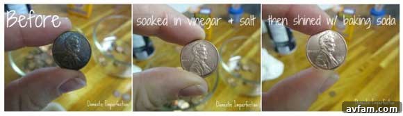 Collage showing pennies being cleaned and shined