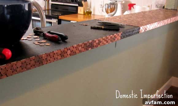 Detailed shot of the finished penny countertop surface