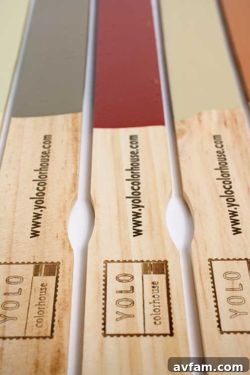 Paint stir sticks displaying different shades of paint, symbolizing color choice.