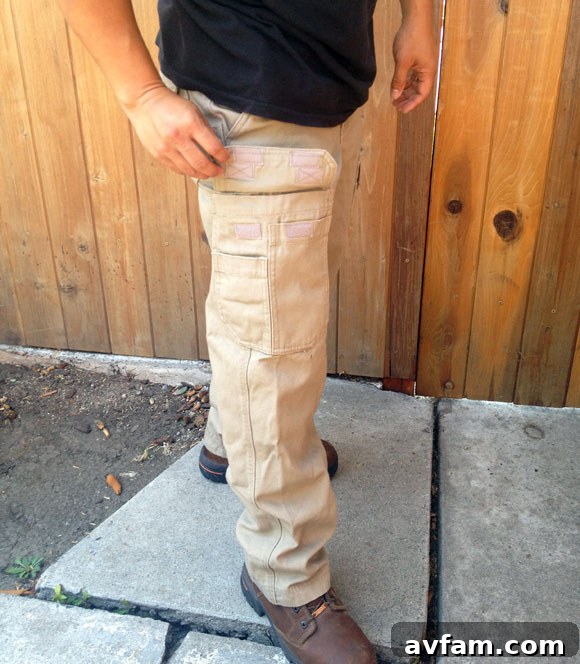 Detail shot of the various utility pockets and tool loops on Duluth Trading Firehose Work Pants.