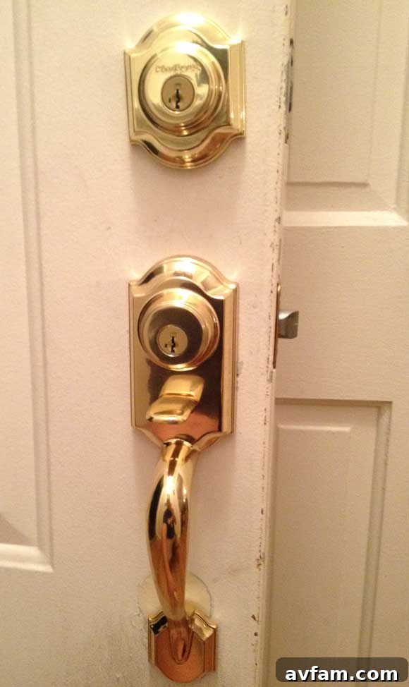 Exterior view of the Kwikset Montara handleset, highlighting its elegant design and secure deadbolt