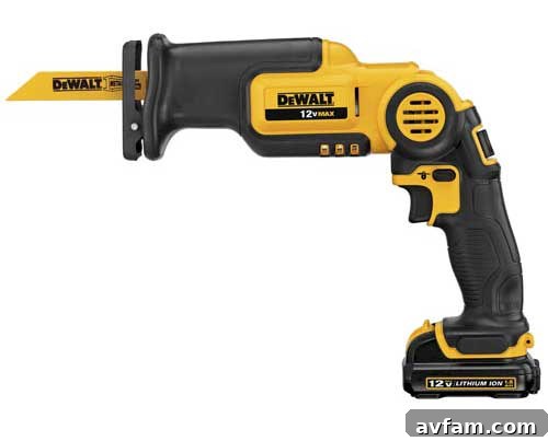 DeWALT 12V MAX Pivoting Recip Saw demonstrating its compact design and LED light