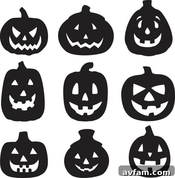 Group of Jack-o'-Lantern Silhouettes Vector silhouettes of a group of jack o lanterns.